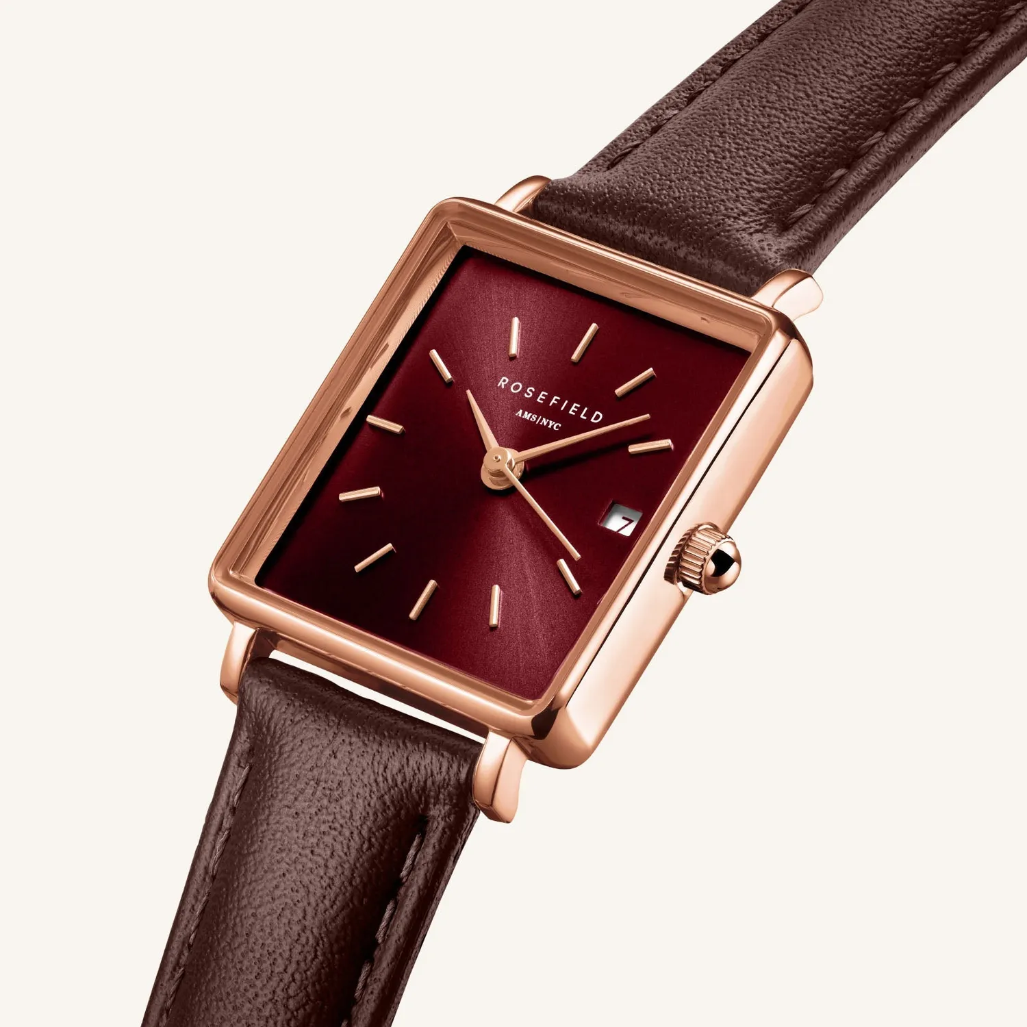 Rosefield Boxy XS Dark Brown Leather klokke brun skinnrem