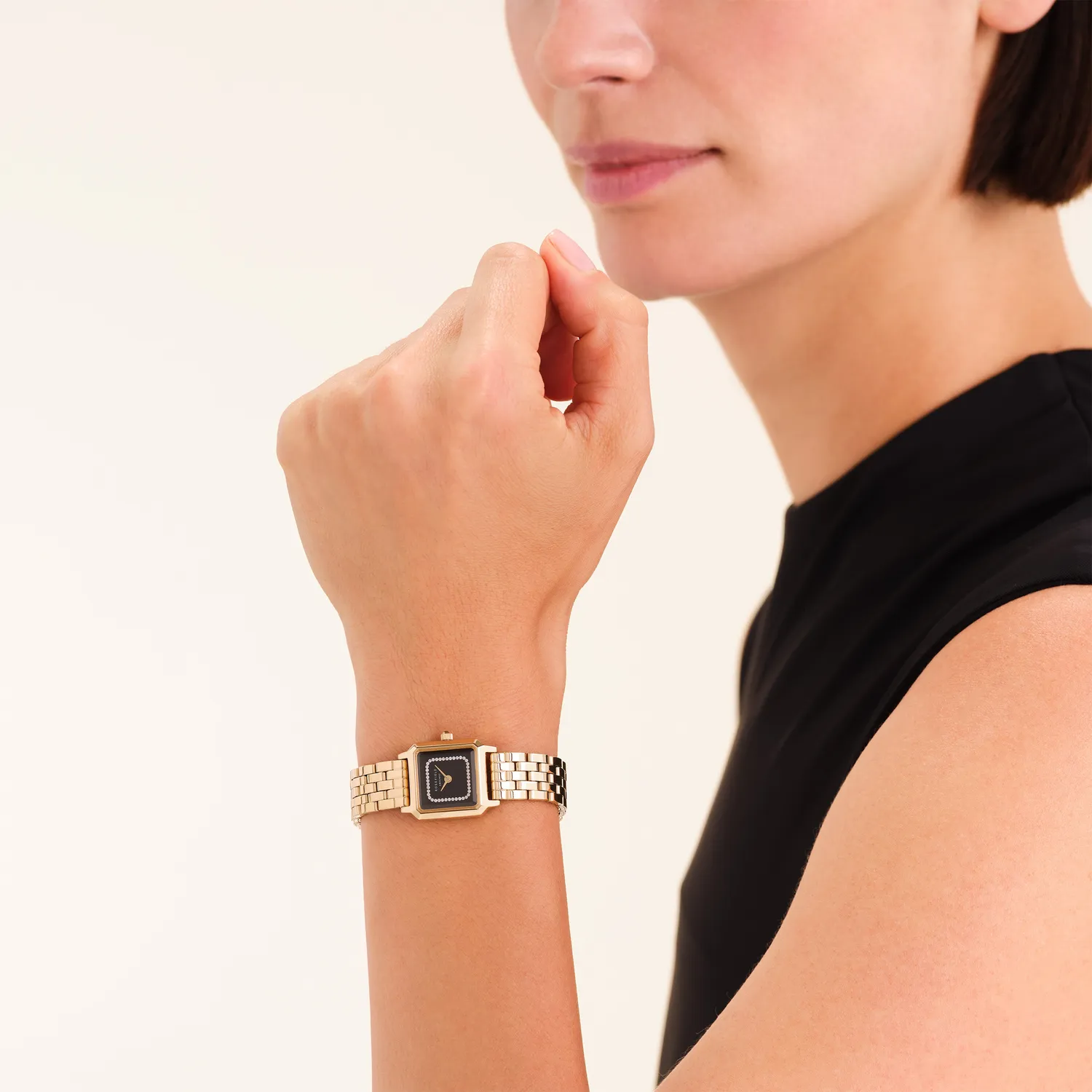 Rosefield Boxelle Black Crystals Frame klokke gull 19,5 mm