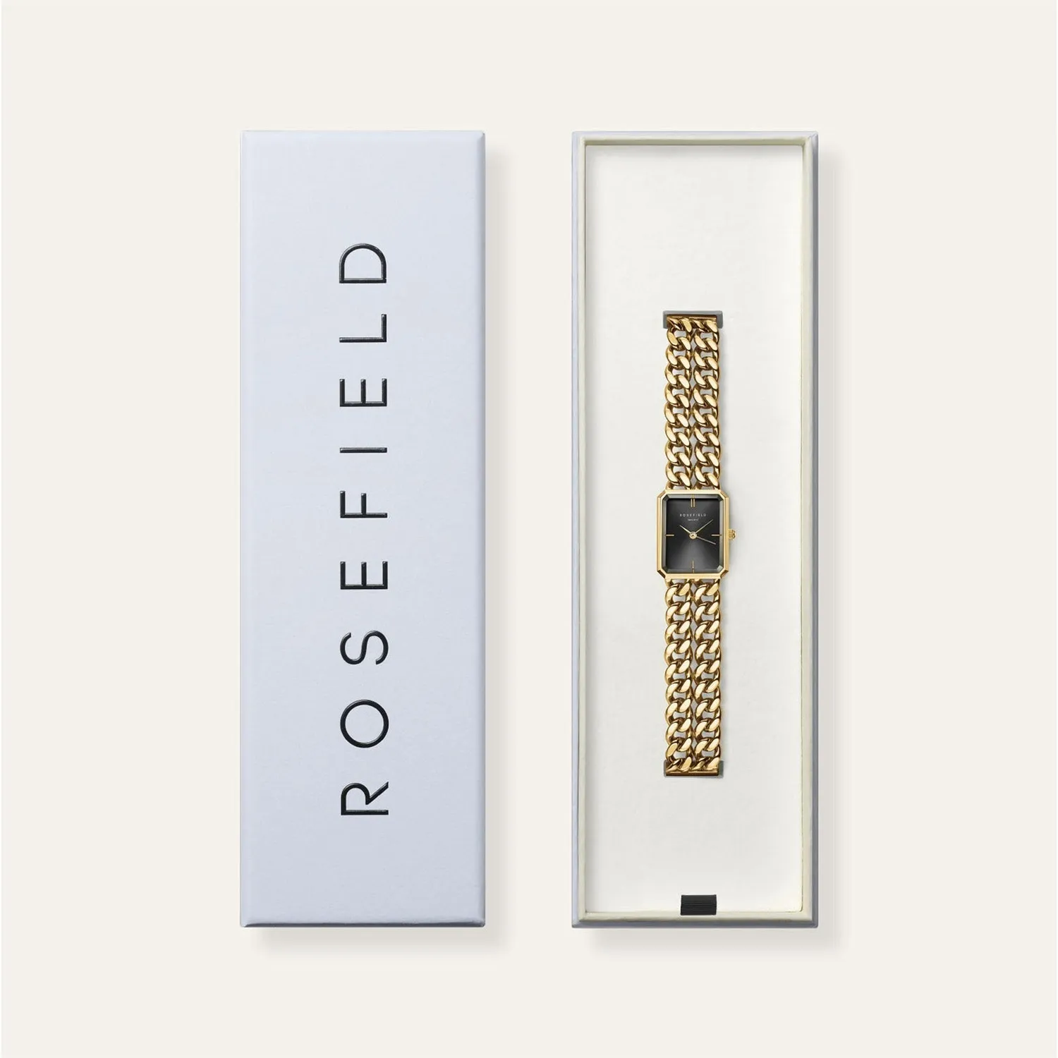Rosefield Studio Double Chain klokke svart gull lenke