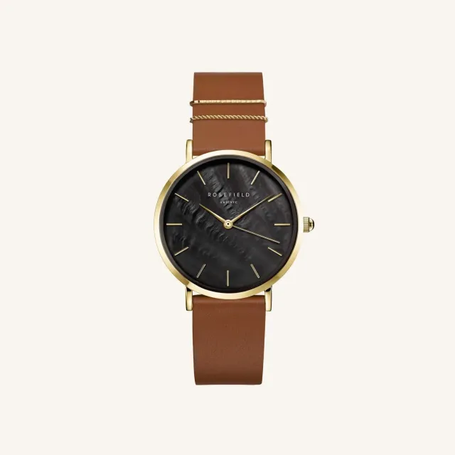 Rosefield West Village Black Cognac klokke 33 mm cognacfarget skinnrem