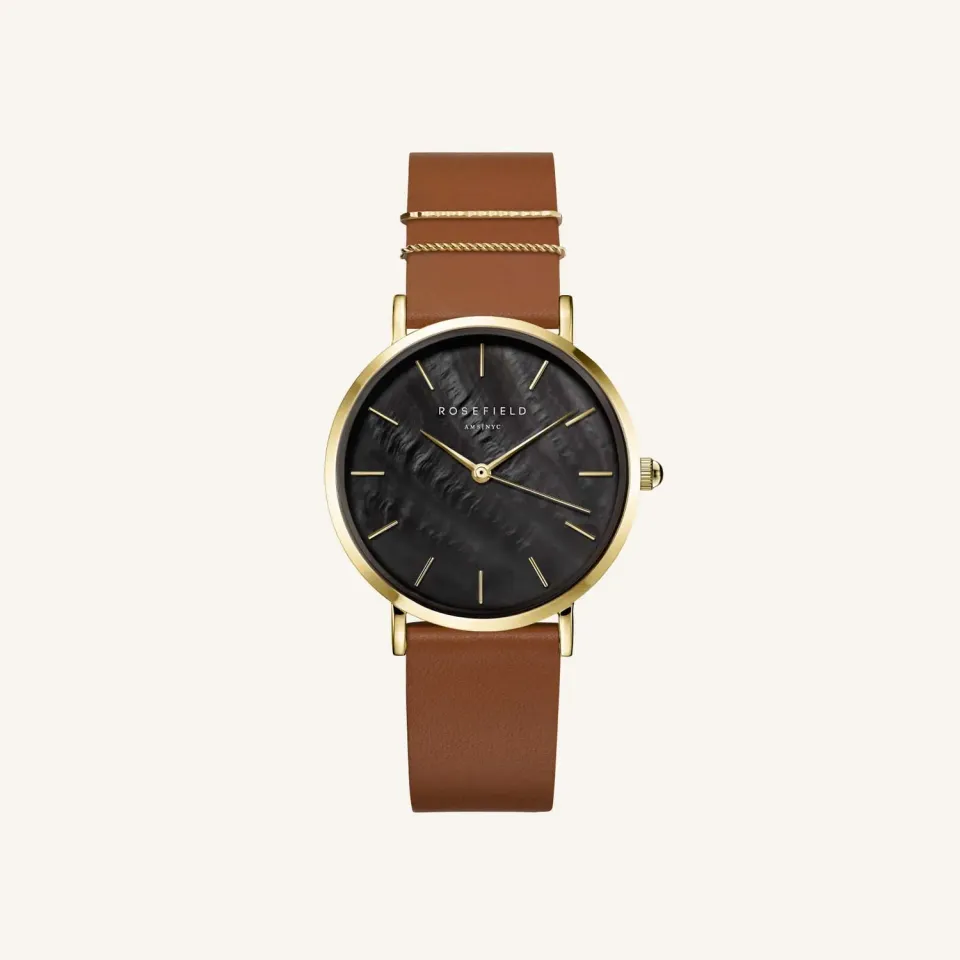 Rosefield West Village Black Cognac klokke 33 mm cognacfarget skinnrem