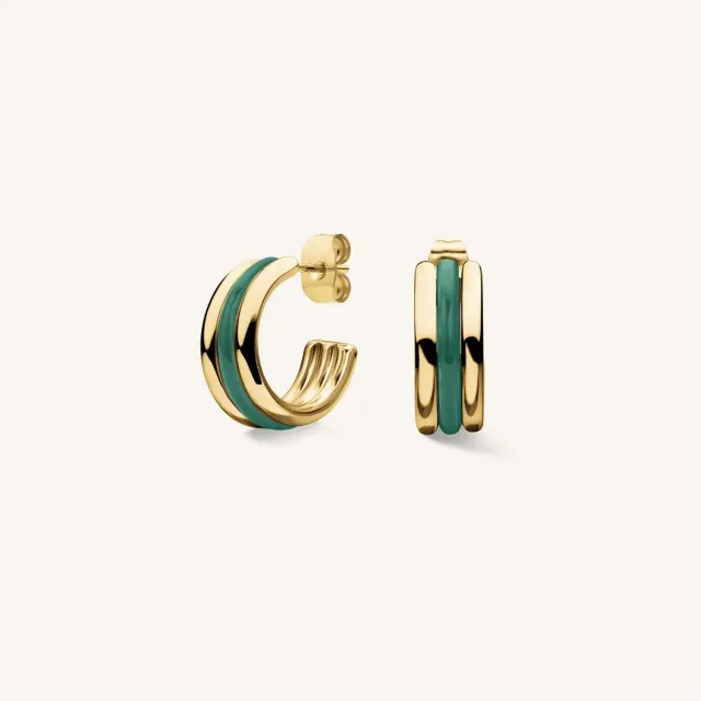 Rosefield Contemporary Triple Hoop Emerald hoops øredobber gull grønn emalje