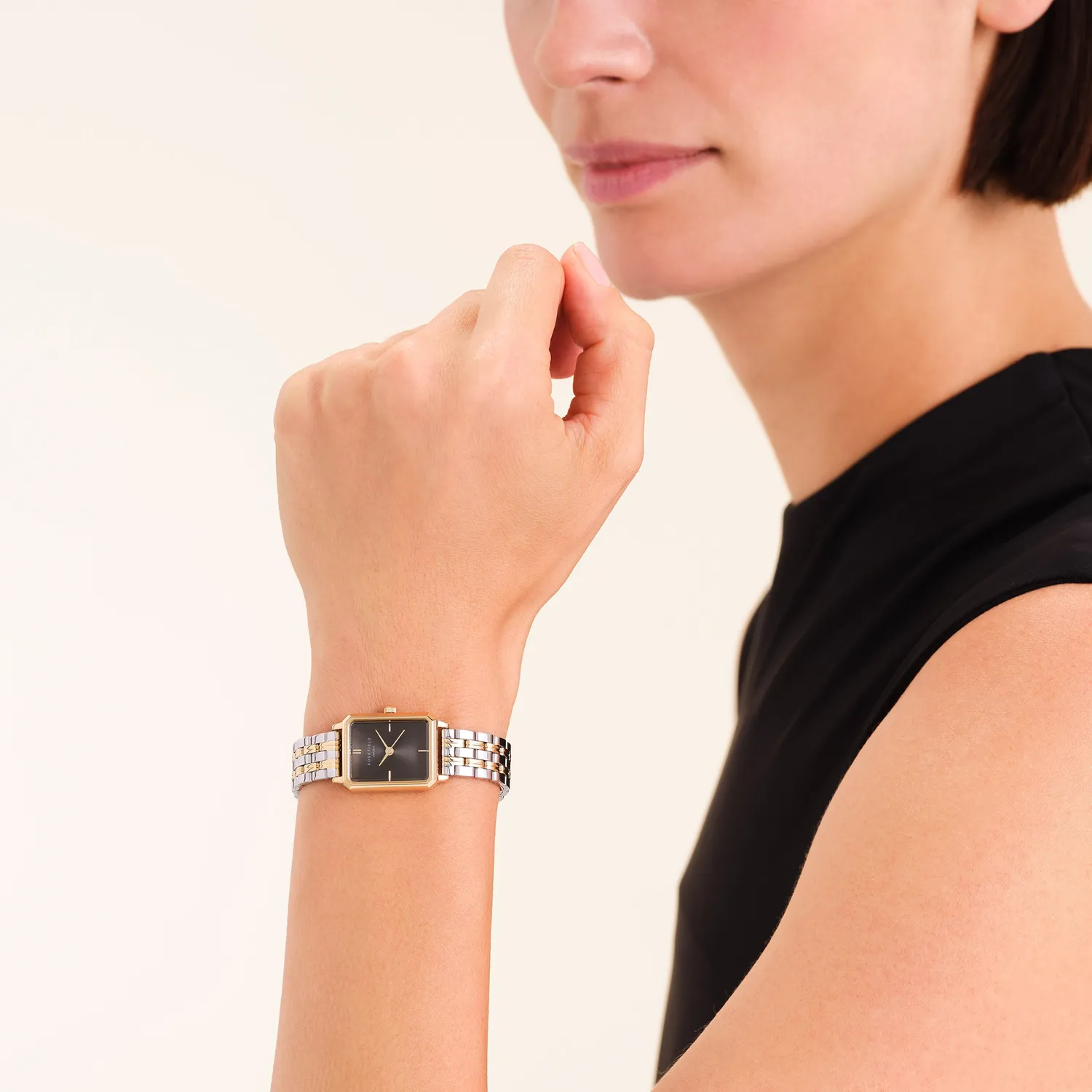 Rosefield Octagon XS Black Duotone klokke gull/sølv 19,5 × 24 mm