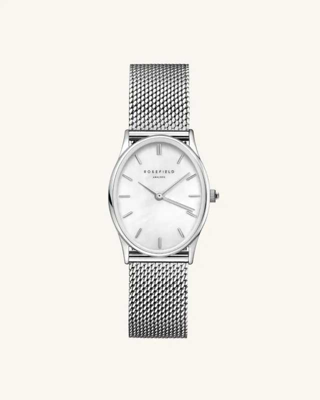 Rosefield Oval Pearl Silver Mesh klokke sølv mesh 24 x 29 mm