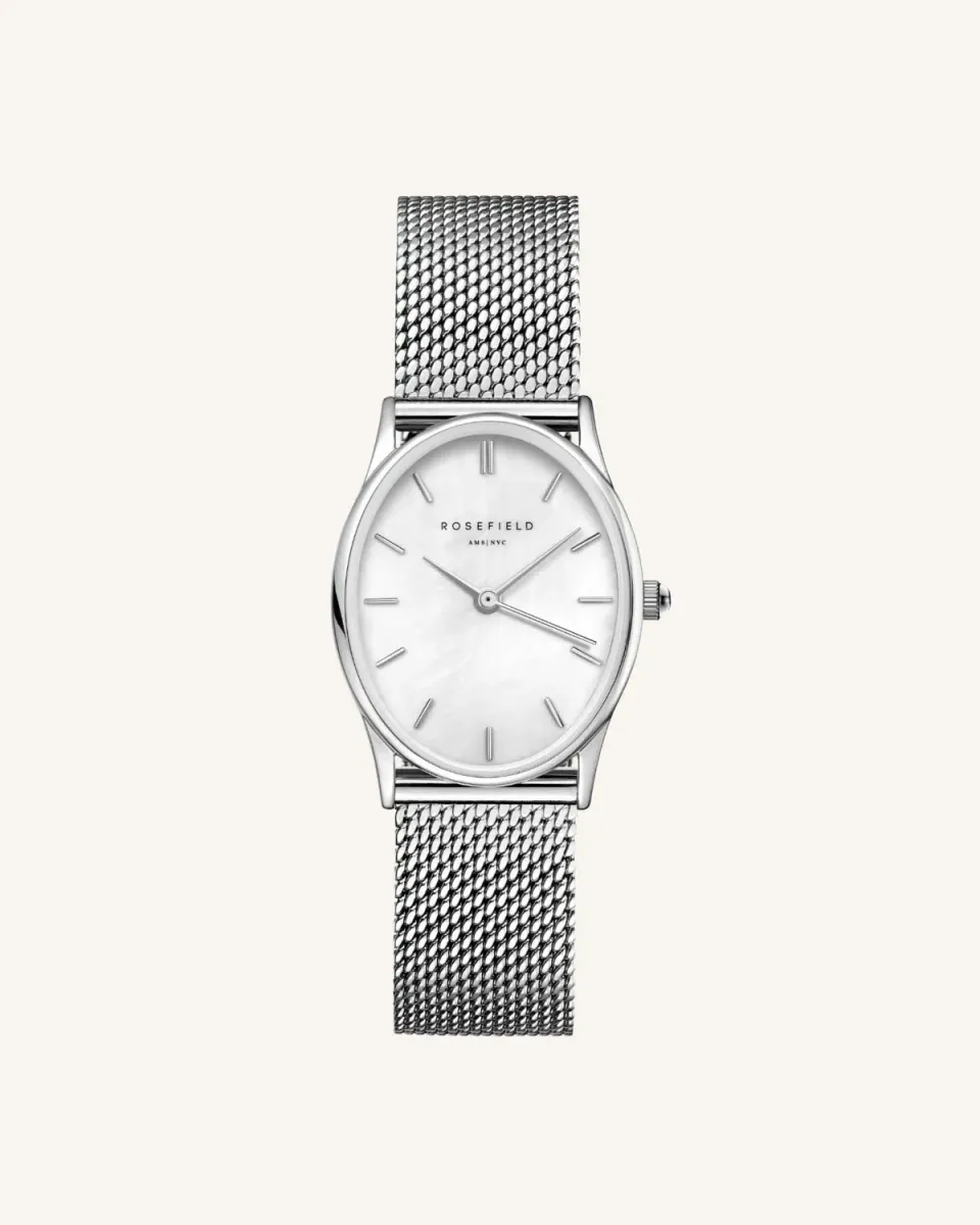 Rosefield Oval Pearl Silver Mesh klokke sølv mesh 24 x 29 mm