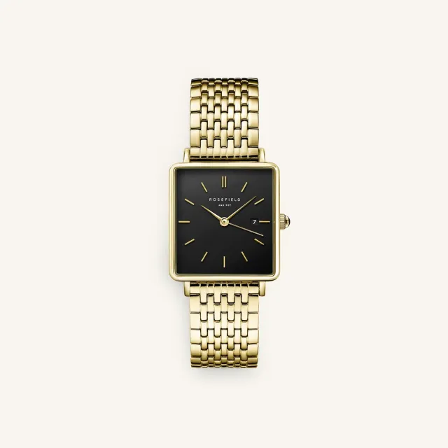 Rosefield Boxy Black Gold klokke 26 × 28 mm med datovisning