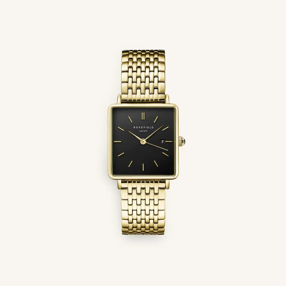 Rosefield Boxy Black Gold klokke 26 × 28 mm med datovisning