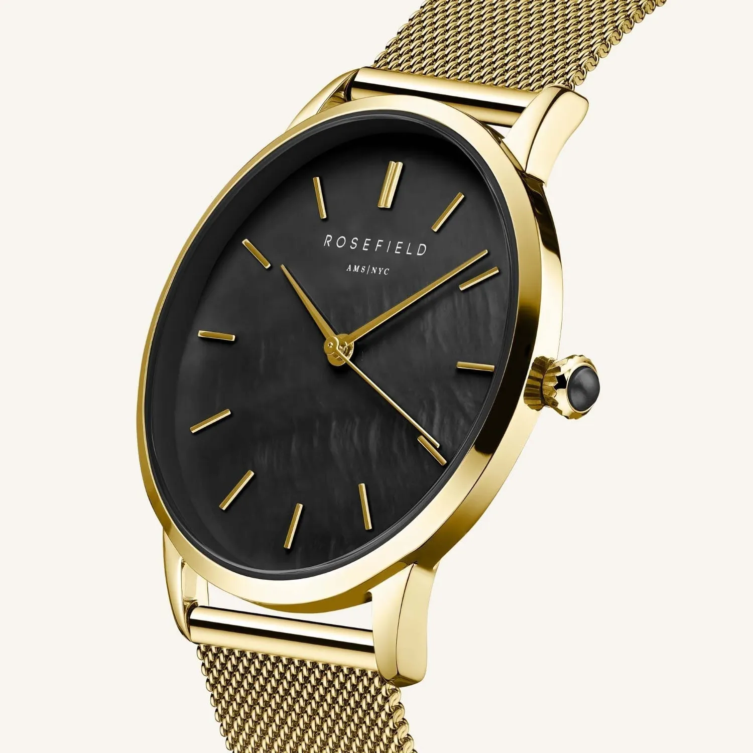 Rosefield Pearl Edit Mesh Black Gold klokke 36 mm svart gull