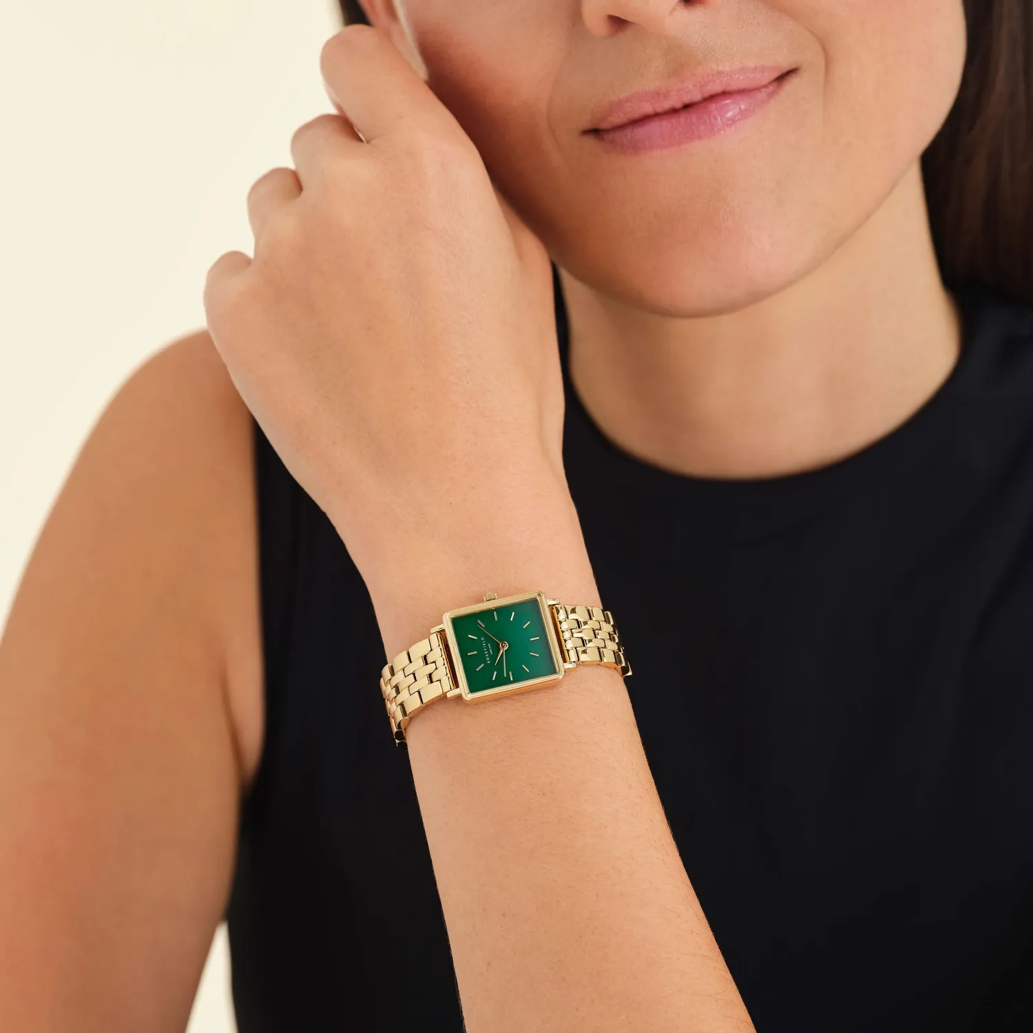Rosefield Boxy XS Emerald klokke gull grønn perlemorskive