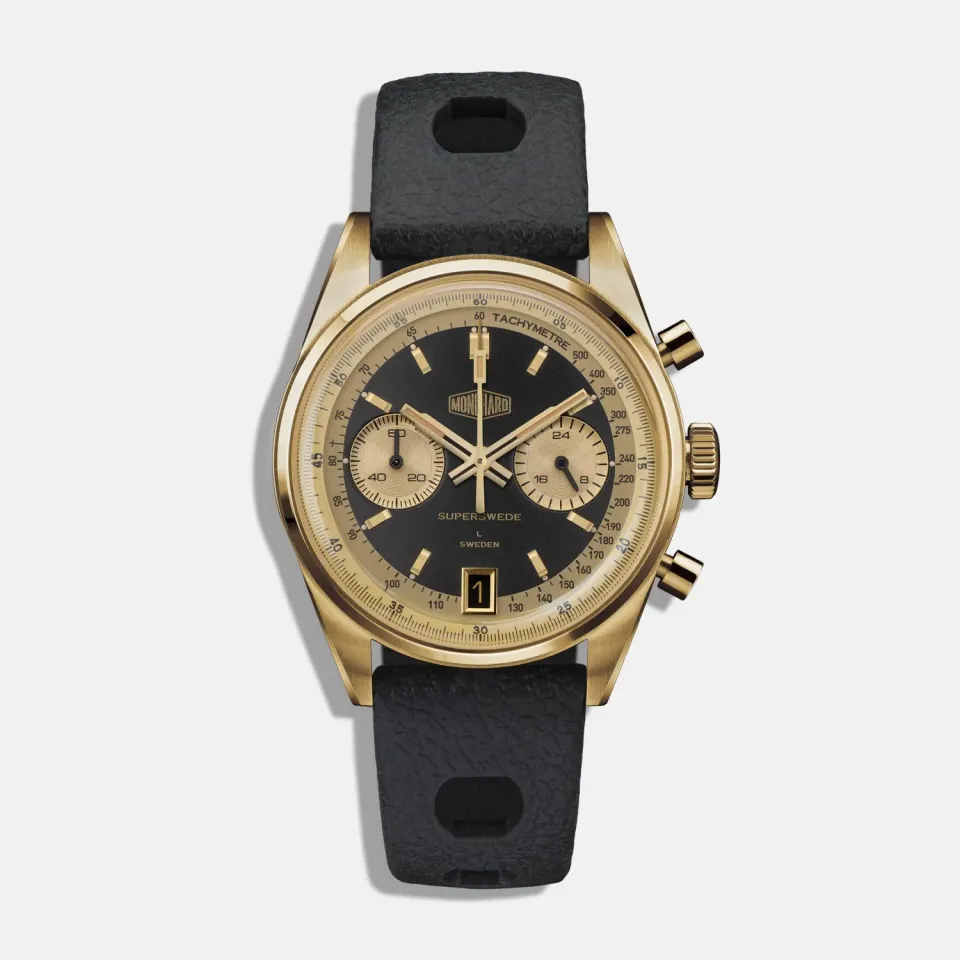 MonChard Superswede klokke 38 mm gullfarget kronograf FKM-rem