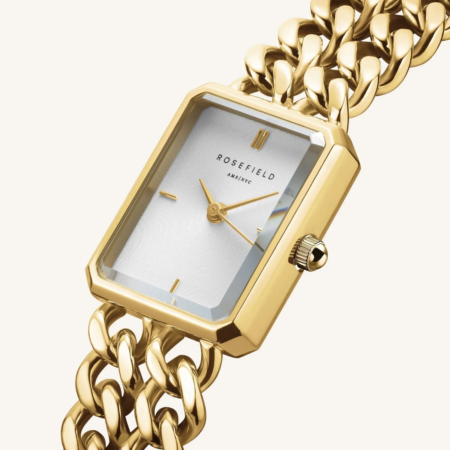 Rosefield Studio Double Chain klokke hvit gull lenke