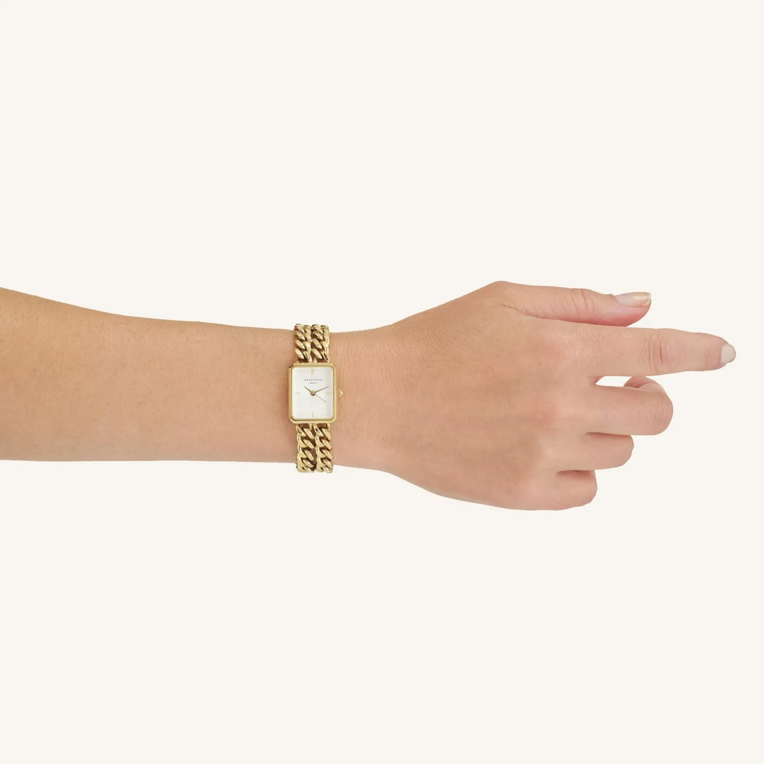 Rosefield Studio Double Chain klokke hvit gull lenke