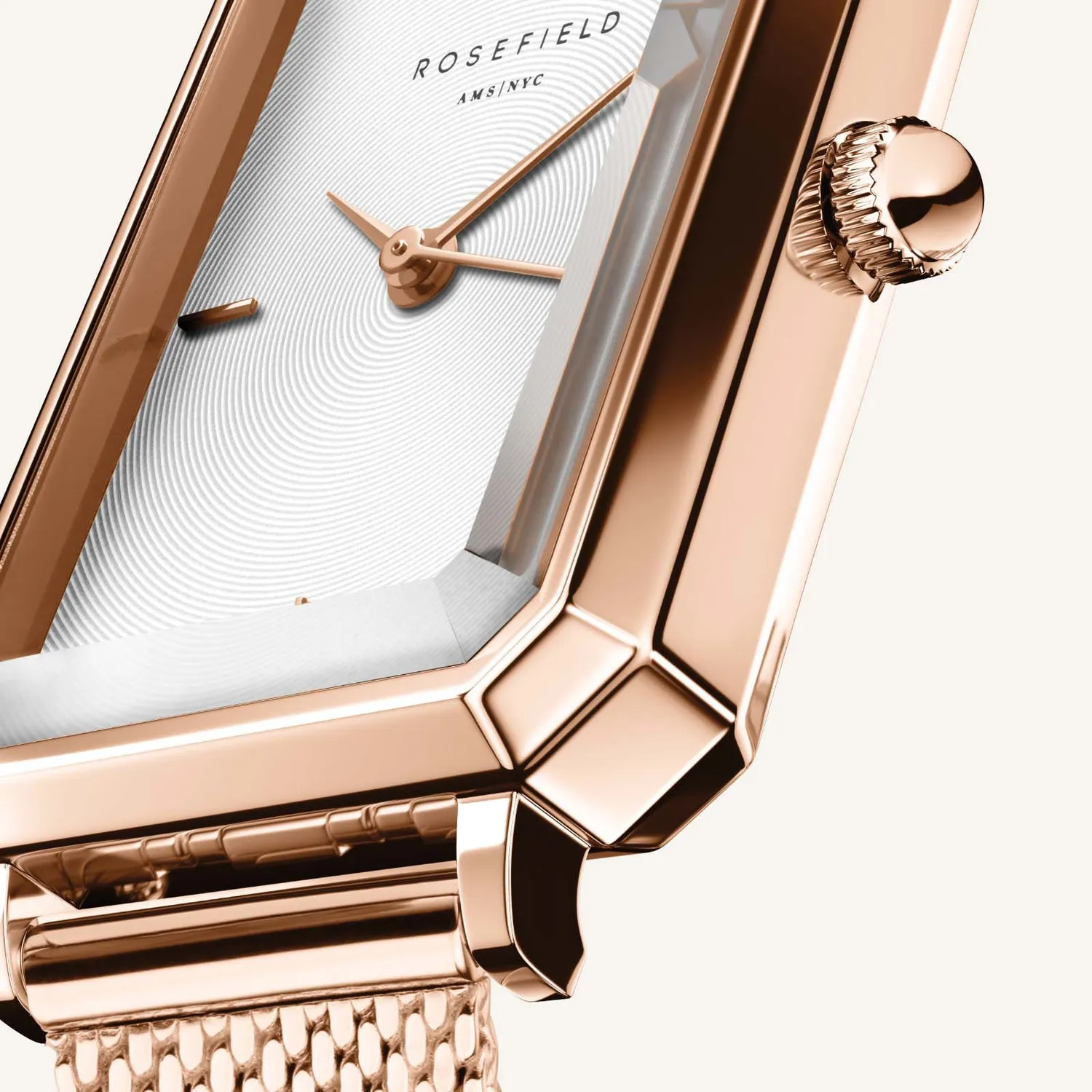 Rosefield Octagon XS Mesh Rose Gold klokke 24 mm meshlenke