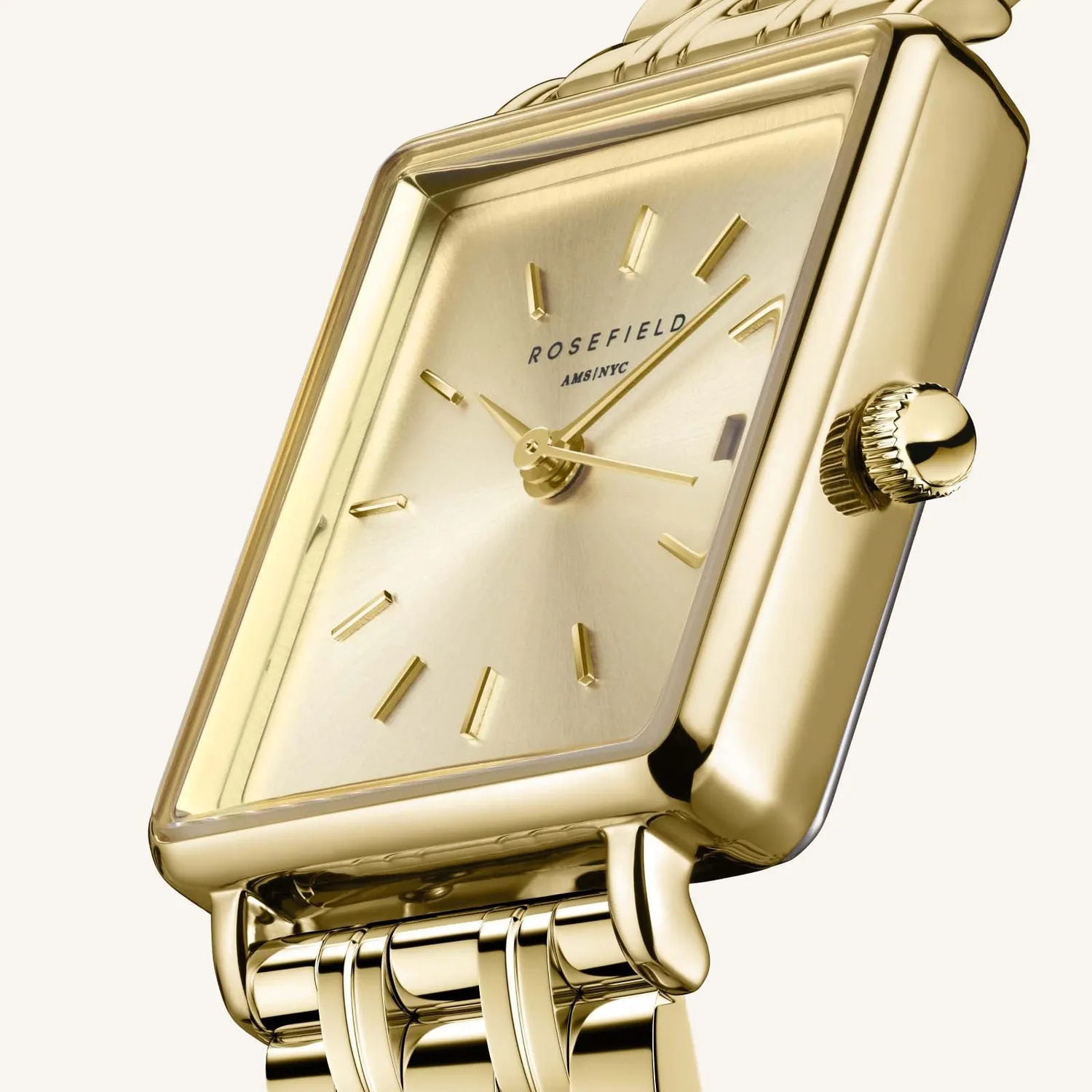 Rosefield Boxy XS Champagne klokke gull lenke