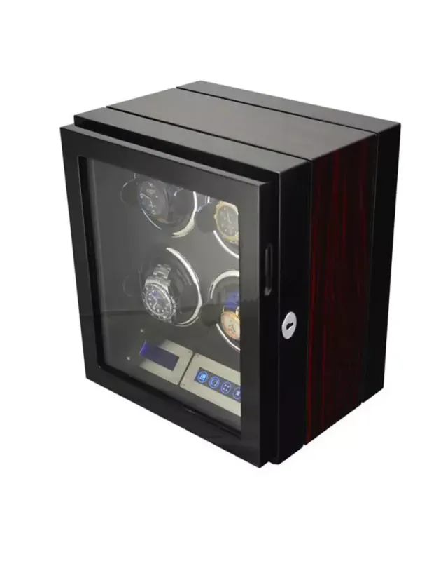 Perfekt Ur Winder For 4 klokker Glossy sort Karbon Lys Fjernkontroll opptrekker