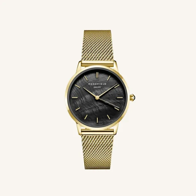 Rosefield Pearl Edit Mesh Black Gold klokke 36 mm svart gull
