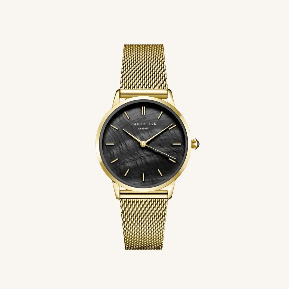 Rosefield Pearl Edit Mesh Black Gold klokke 36 mm svart gull