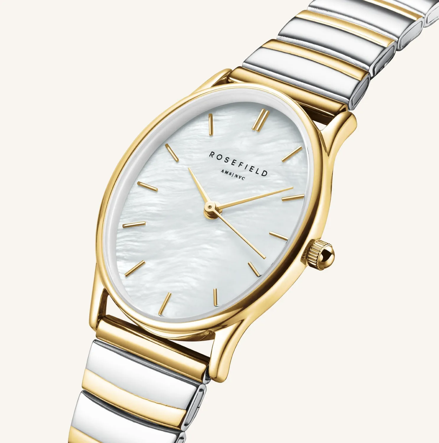 Rosefield Oval Pearl Duotone klokke 24 x 29 mm perlemorshvit urskive