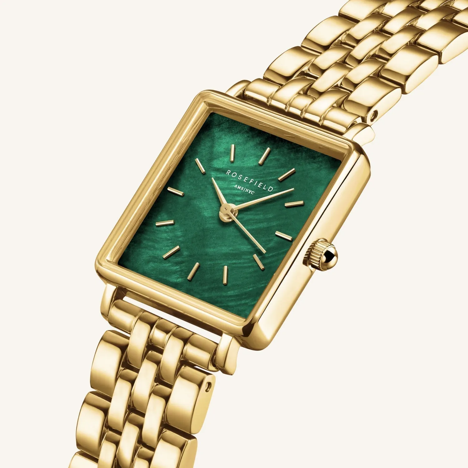 Rosefield Boxy XS Emerald klokke gull grønn perlemorskive