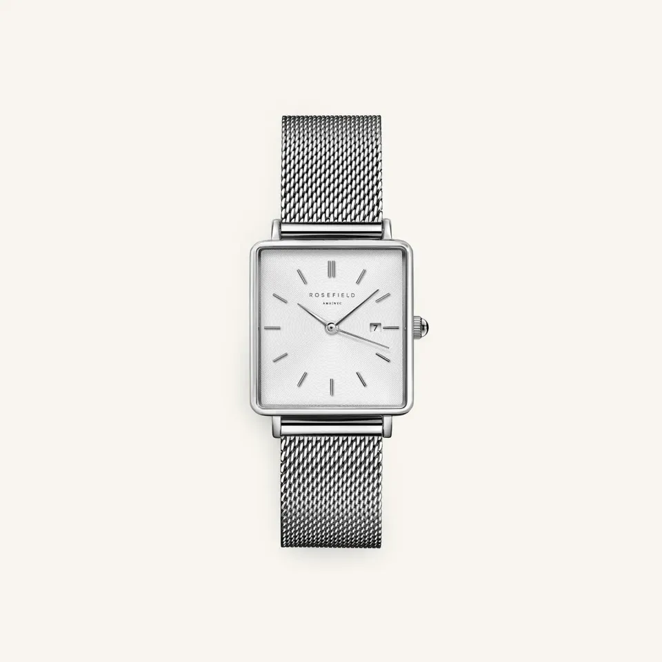 Rosefield Boxy Silver Mesh klokke 26 × 28 mm sølv