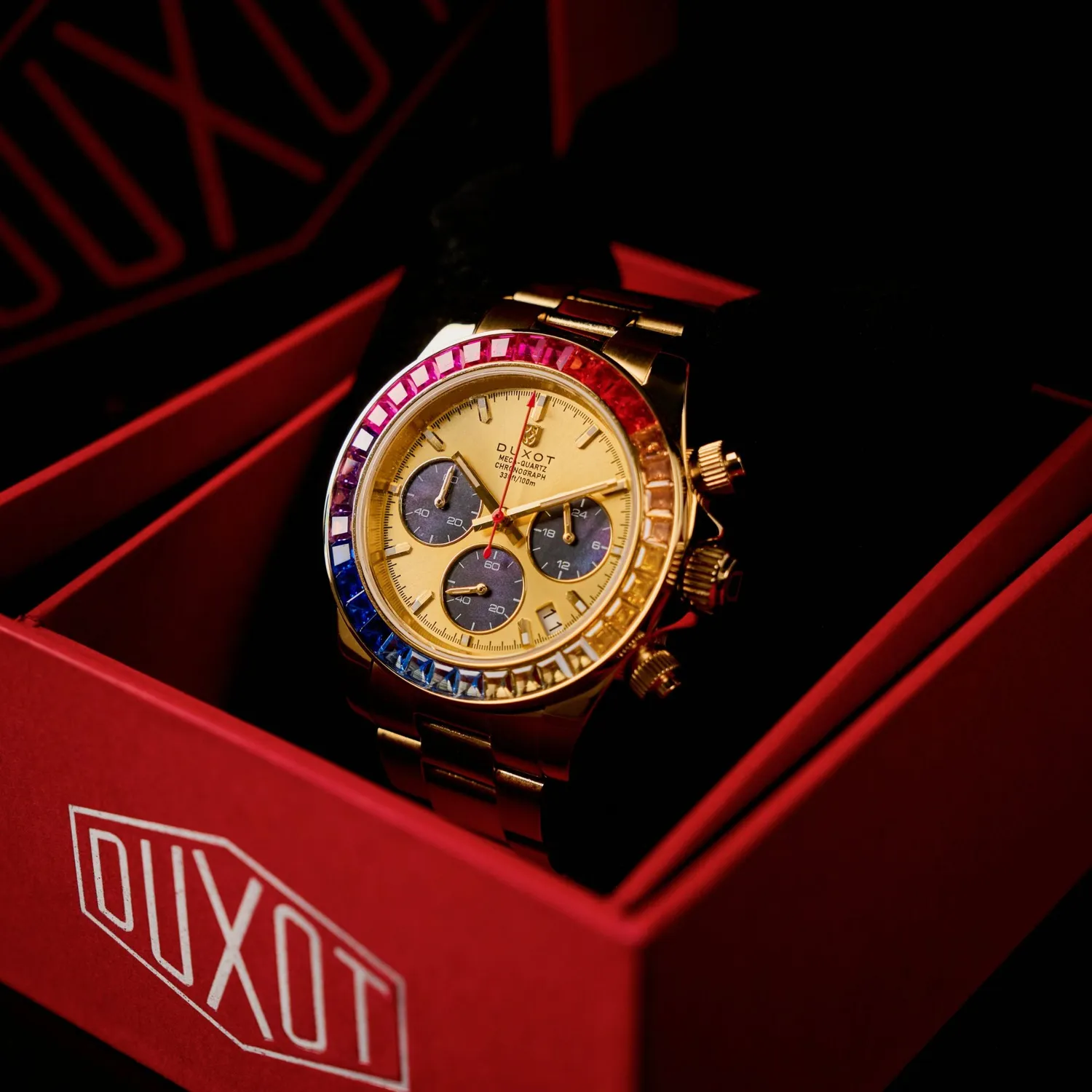 Duxot Accelero Rainbow Chronograph Sunray Gold klokke, 40 mm