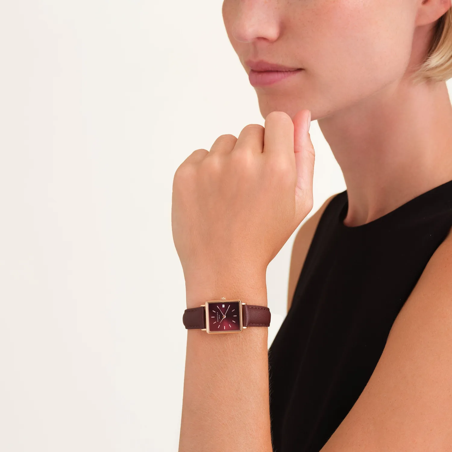 Rosefield Boxy XS Dark Brown Leather klokke brun skinnrem