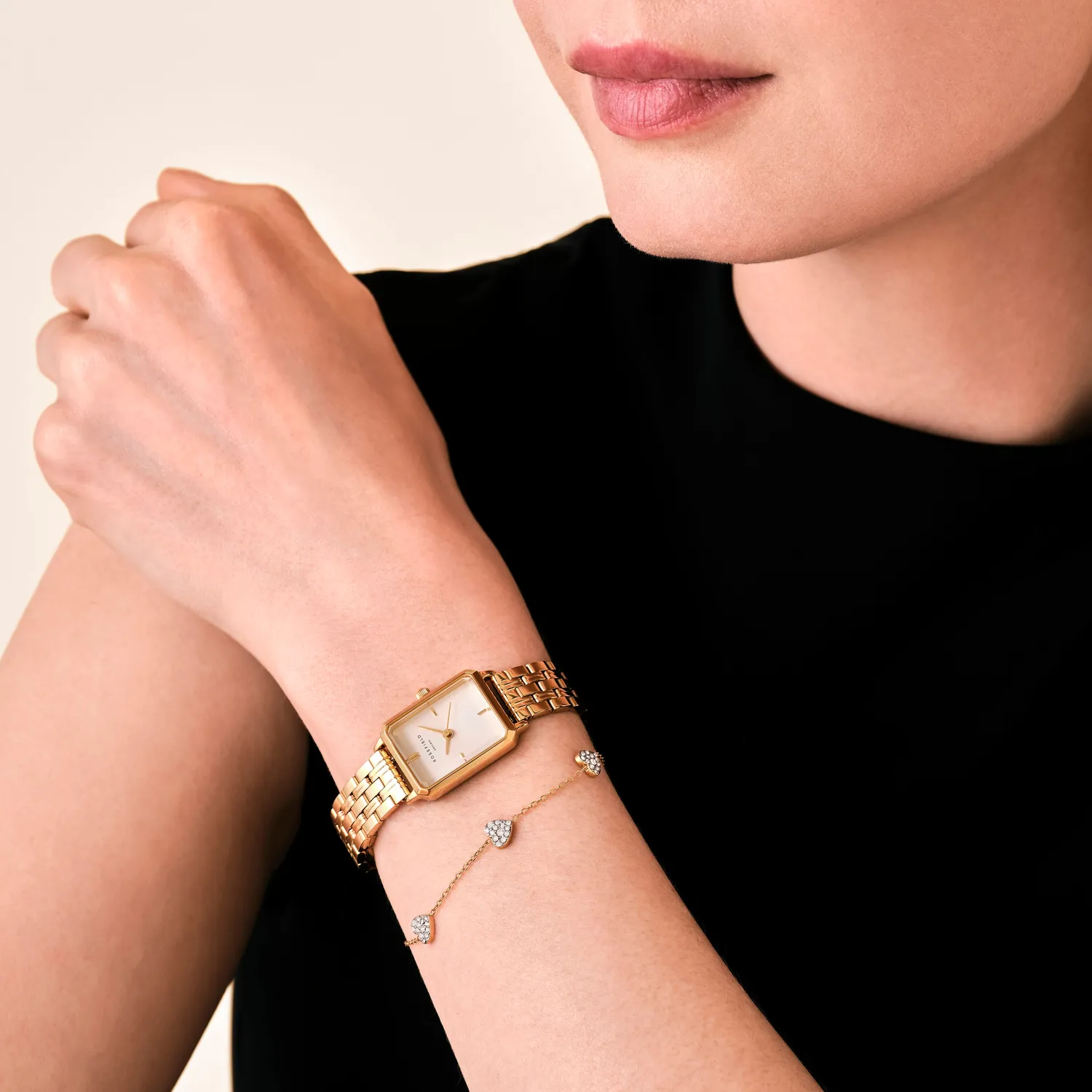Rosefield Octagon XS + 3 Hearts Bracelet klokke- og armbåndsett gull