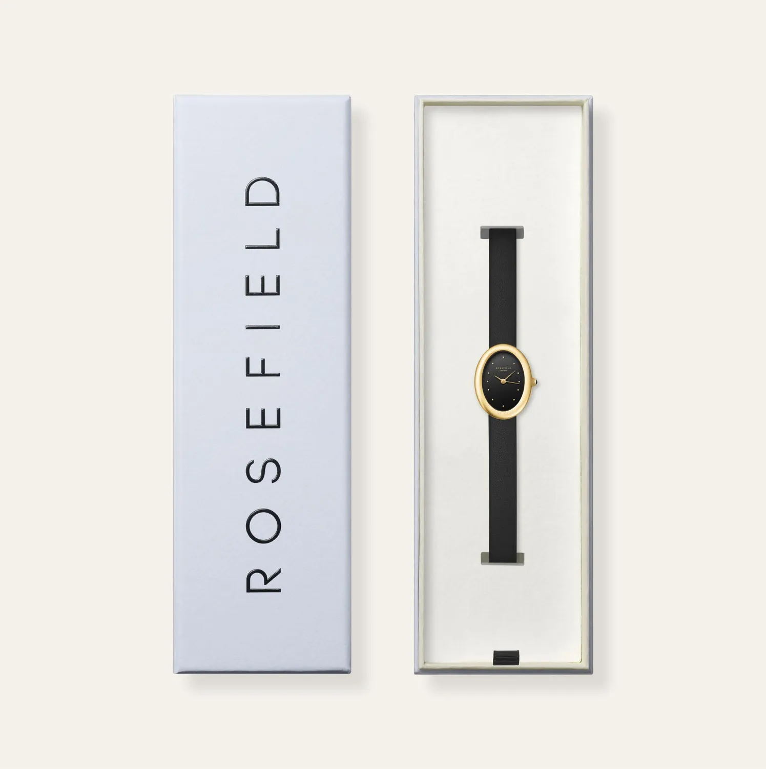 Rosefield Ovale Black Gold klokke svart gull lær