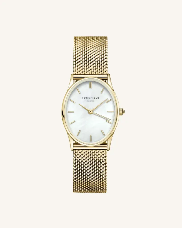 Rosefield Oval Pearl Gold Mesh klokke gull