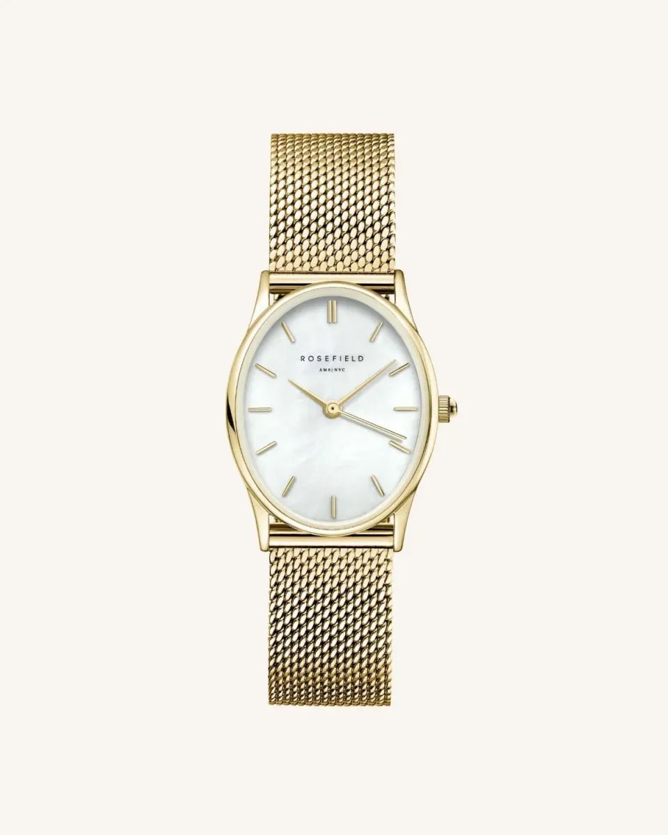 Rosefield Oval Pearl Gold Mesh klokke gull