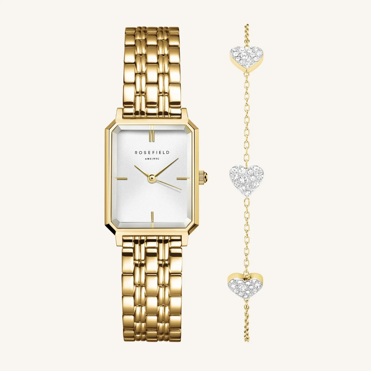 Rosefield Octagon XS + 3 Hearts Bracelet klokke- og armbåndsett gull