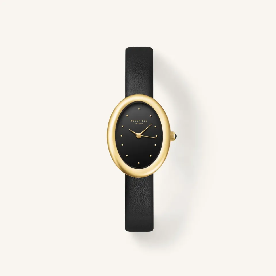 Rosefield Ovale Black Gold klokke svart gull lær