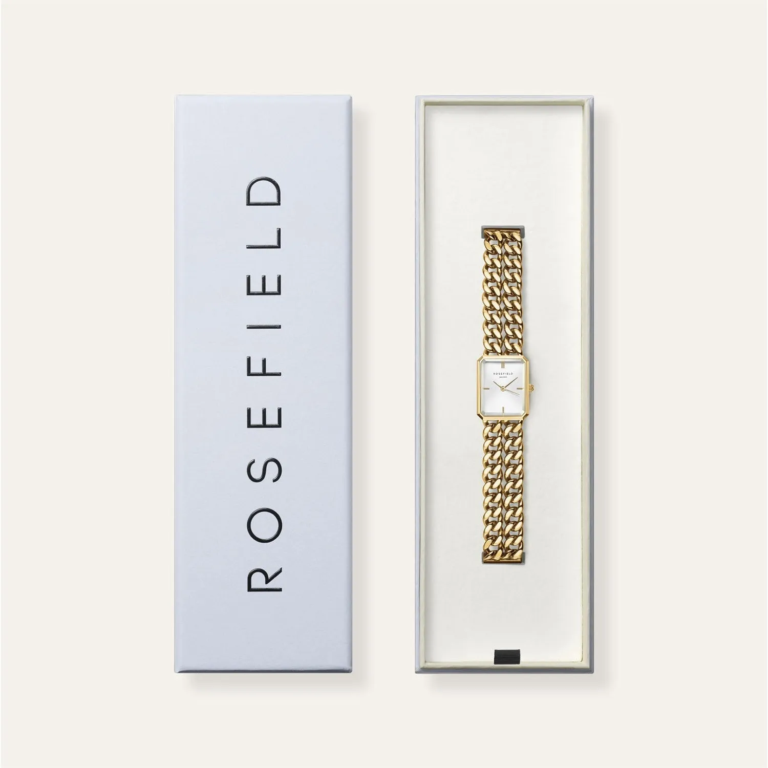 Rosefield Studio Double Chain klokke hvit gull lenke