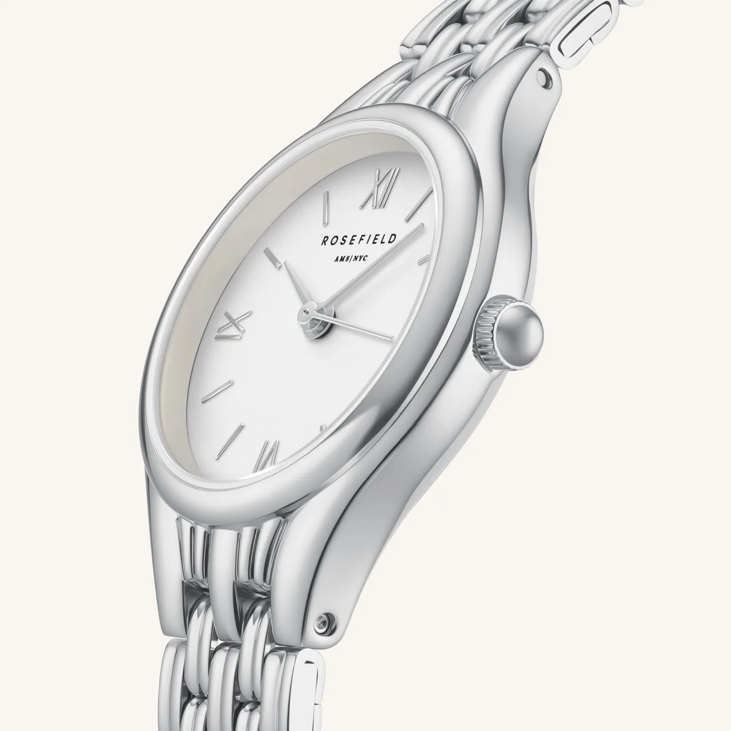 Rosefield Muse White Silver klokke 26 × 34,1 mm, hvit urskive