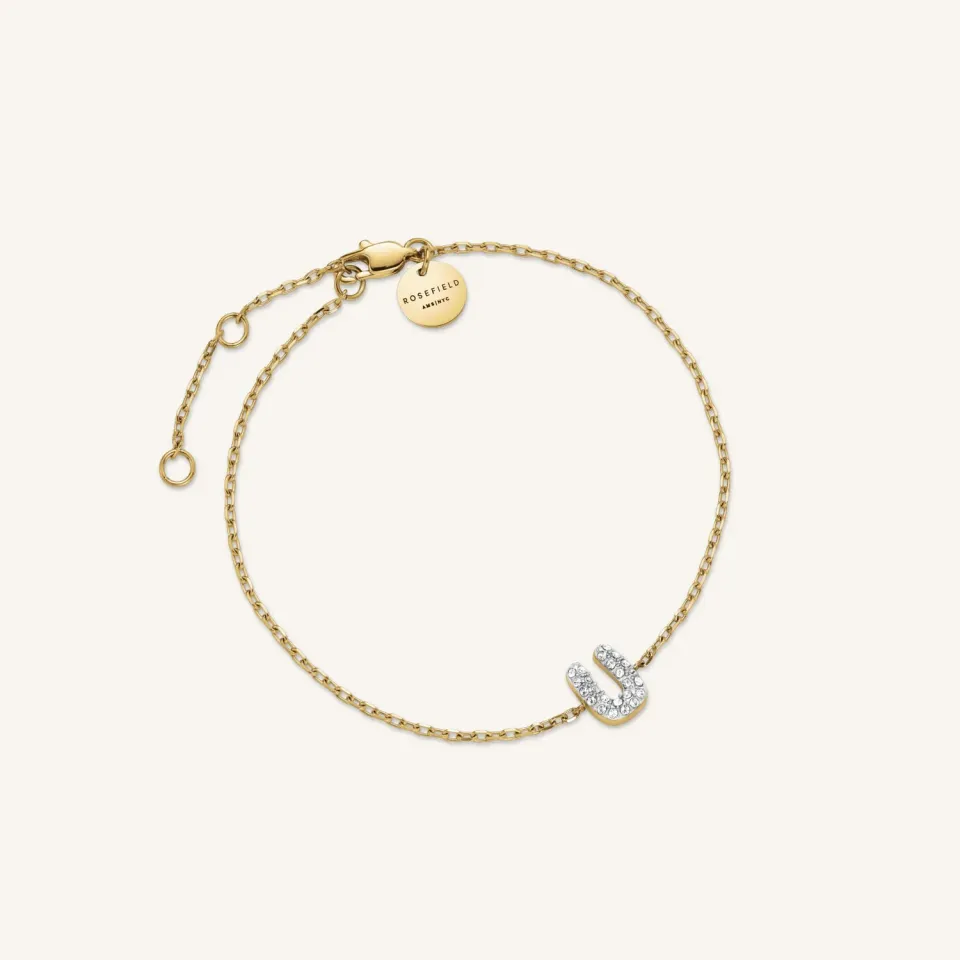 Rosefield Crystal Letter U armbånd gull 16,5–19,5 cm