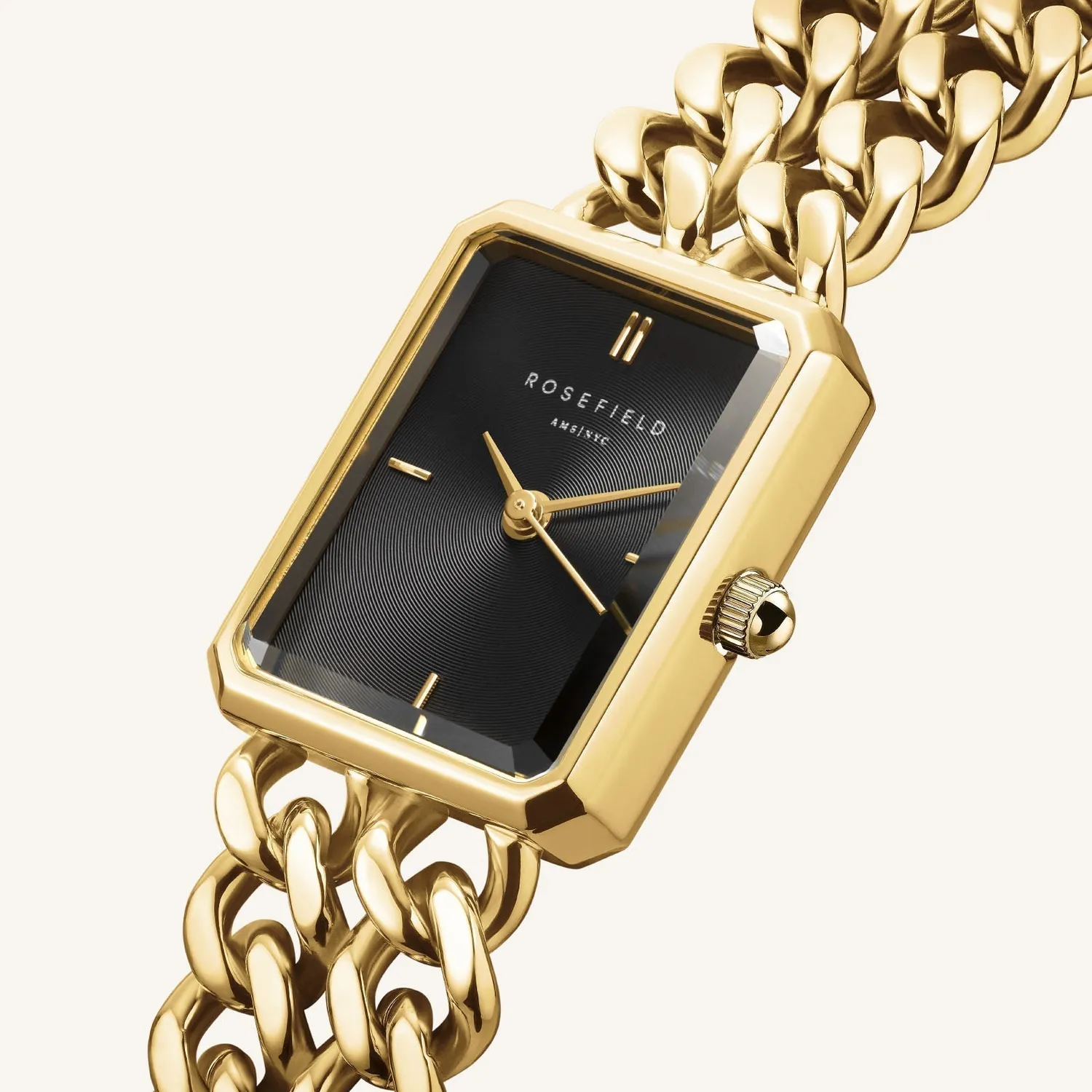 Rosefield Studio Double Chain klokke svart gull lenke