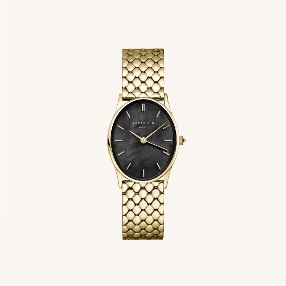 Rosefield Oval Black Gold klokke 22 mm svart skive gullfarget stål