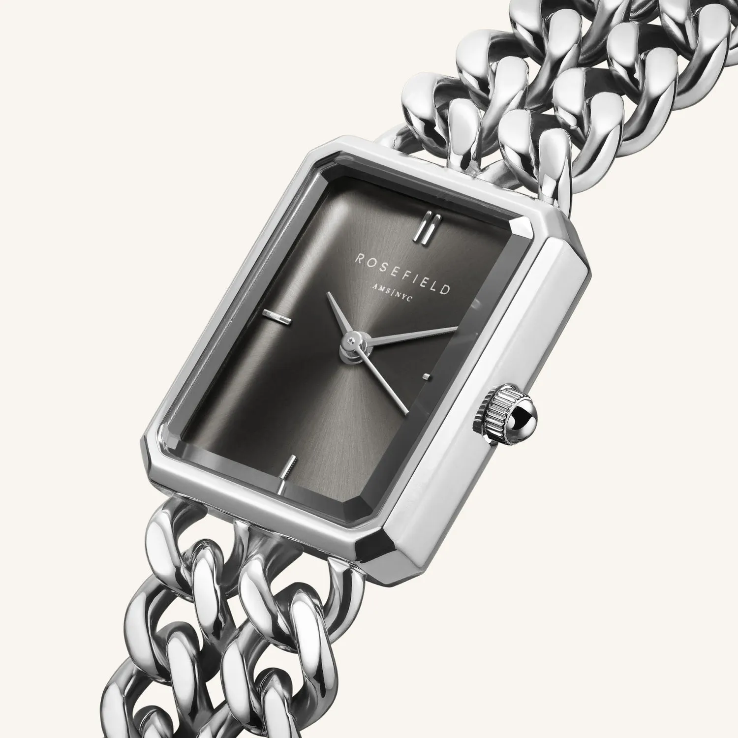 Rosefield Studio Double Chain Silver klokke 19,5 × 24 mm justerbar lenke