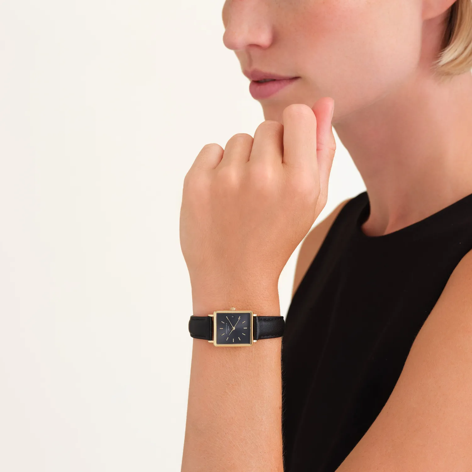 Rosefield Boxy XS Black Leather klokke svart skinn 22 mm