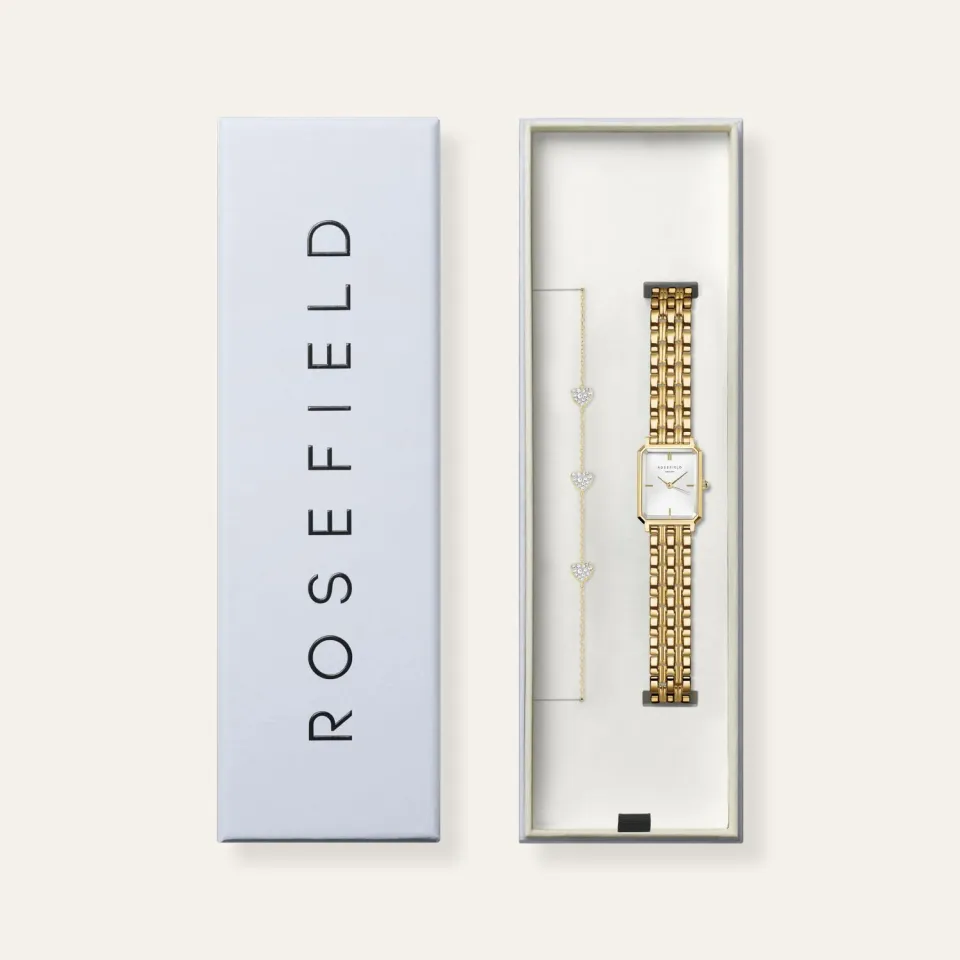 Rosefield Octagon XS + 3 Hearts Bracelet klokke- og armbåndsett gull