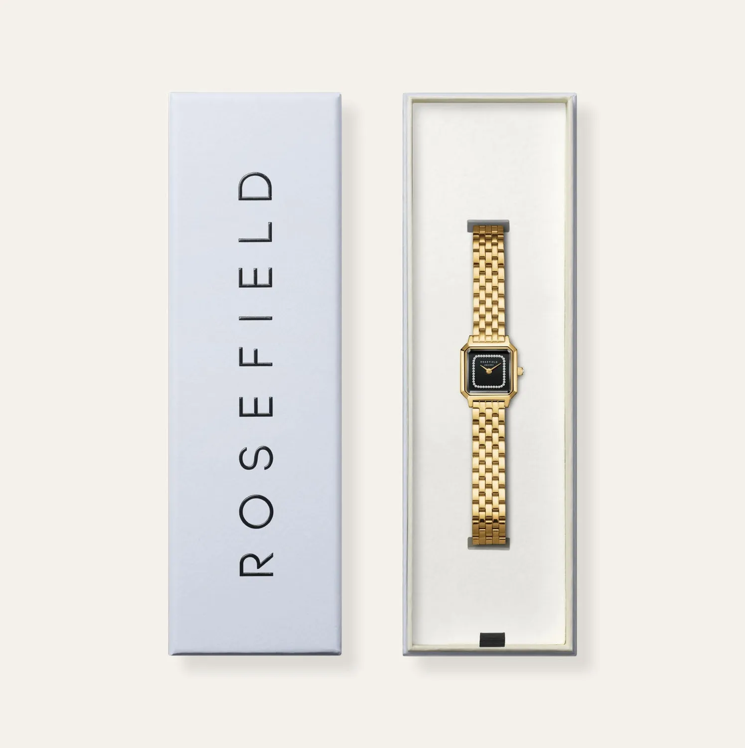 Rosefield Boxelle Black Crystals Frame klokke gull 19,5 mm