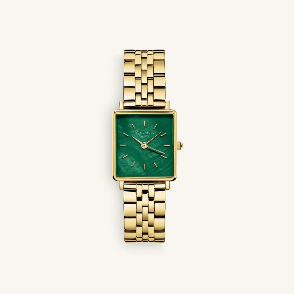 Rosefield Boxy XS Emerald klokke gull grønn perlemorskive