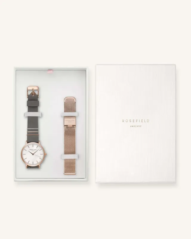 Rosefield West Village Grey klokke med ekstra meshrem gavesett