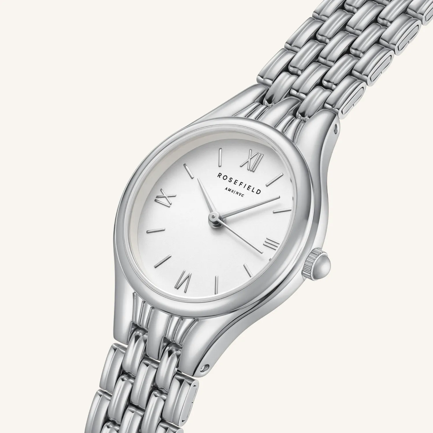 Rosefield Muse White Silver klokke 26 × 34,1 mm, hvit urskive