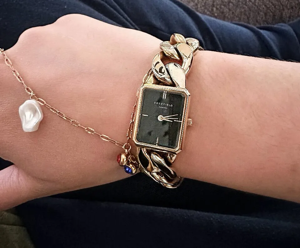 Rosefield Studio Double Chain klokke svart gull lenke