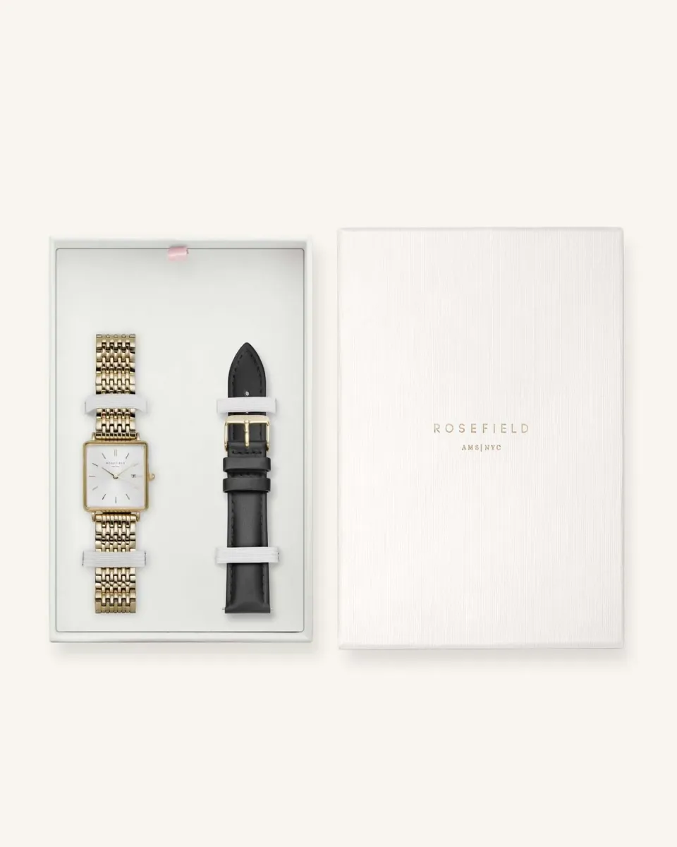 Rosefield Boxy Gold klokke med svart skinnrem, gavesett