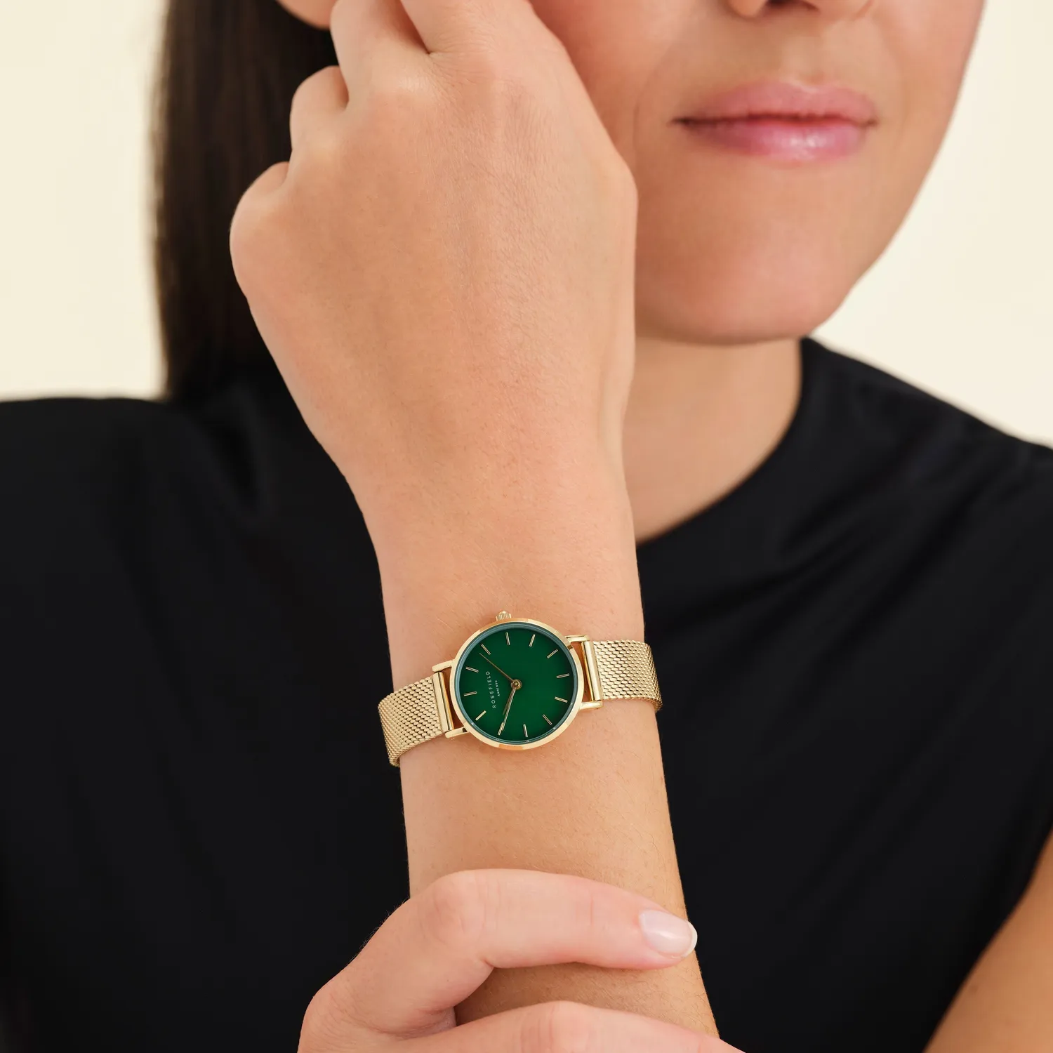 Rosefield Small Edit Emerald Mesh klokke 26 mm gull