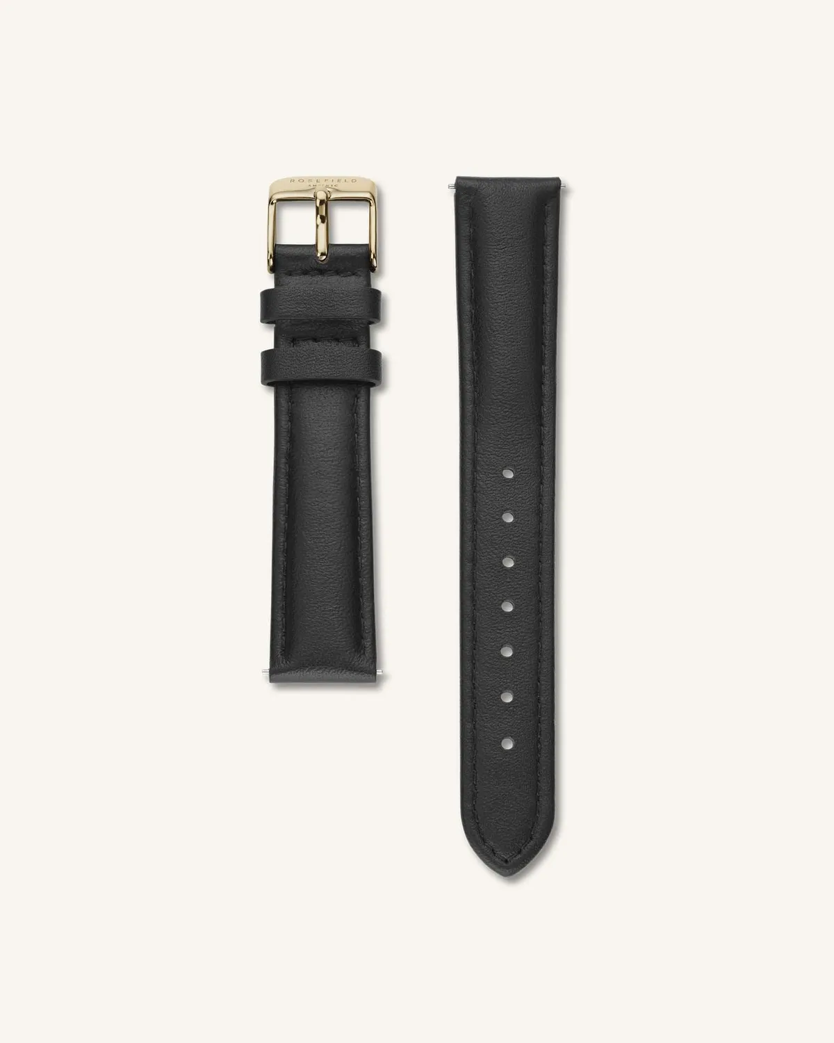 Rosefield Boxy Gold klokke med svart skinnrem, gavesett