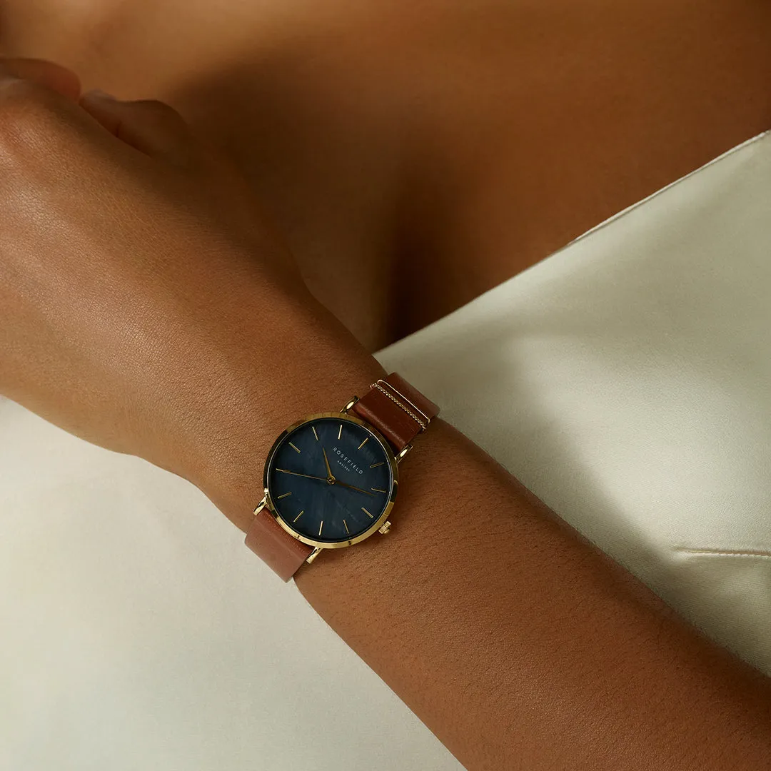 Rosefield West Village Black Cognac klokke 33 mm cognacfarget skinnrem