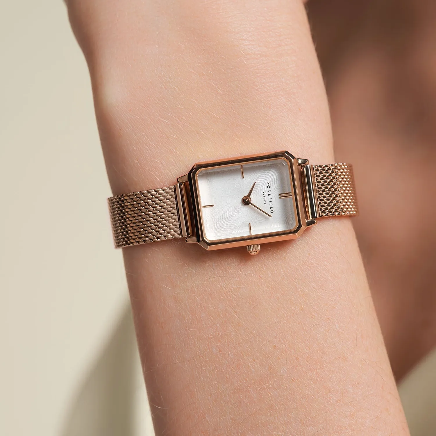 Rosefield Octagon XS Mesh Rose Gold klokke 24 mm meshlenke